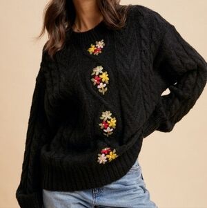 Cable Knit Pullover Black Floral Embroidered Sweater